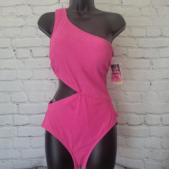 MICHAEL Michael Kors Women's One-Shoulder Side-Cutout Swimsuit- Pink - Picture 1 of 11